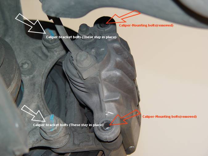 The dreaded caliper-mounting bracket bolts with white arrows, and the caliper-mount bolt-holes with red arrows.